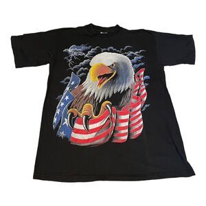 Vtg 1990s‎ American Patriotic USA Flag Eagle Sky Lightning T Shirt XL Black